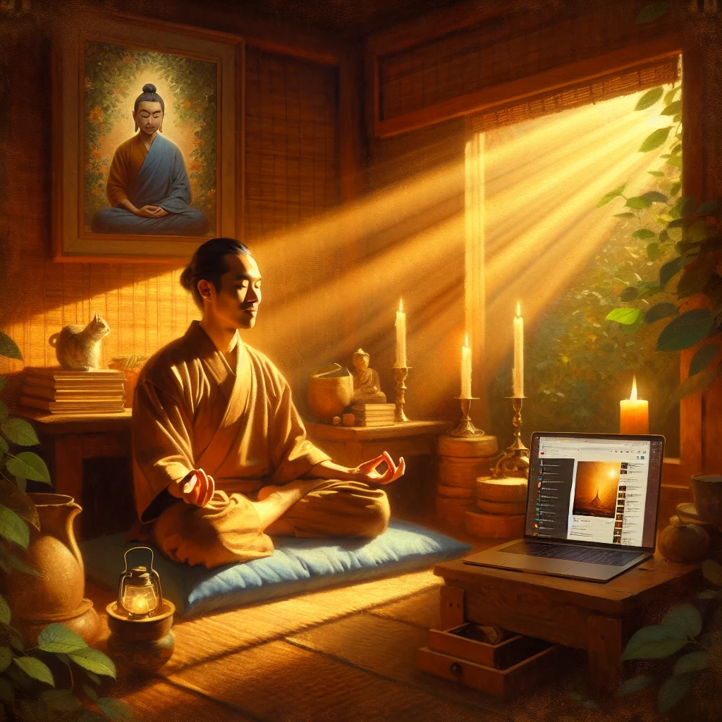 Person sitting cross-legged on cushion meditating with laptop displaying Buddhist meditation YouTube video nearby