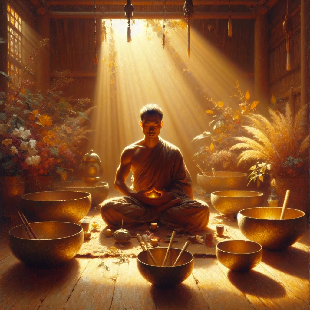 Peaceful meditation scene with singing bowls and person in meditative posture