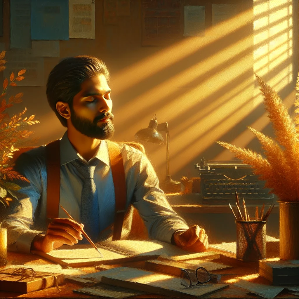 Person taking a mindful moment during their workday, sitting peacefully with closed eyes