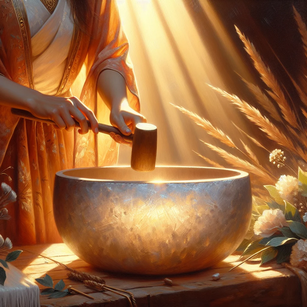 person-playing-crystal-bowl-therapy-session Close-up of hands playing a frosted crystal singing bowl with mallet during a healing session