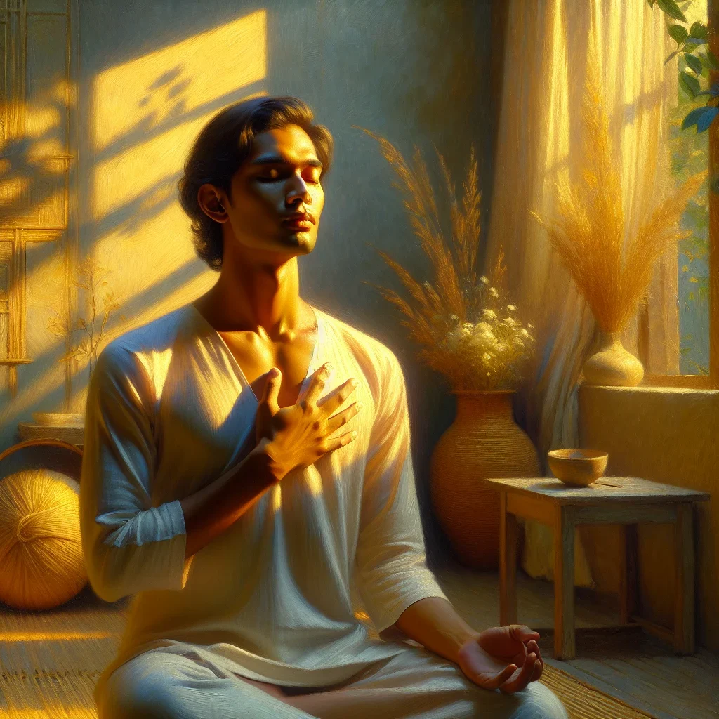 A peaceful person sitting in meditation posture with hands on heart, practicing compassion mindfulness exercise in a calm environment