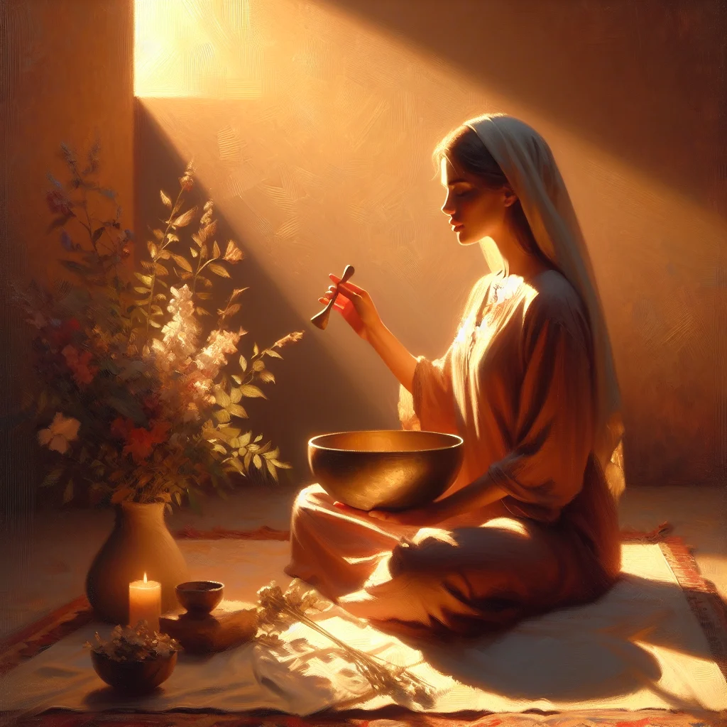 Person sitting in meditation posture playing a singing bowl with gentle lighting and peaceful atmosphere