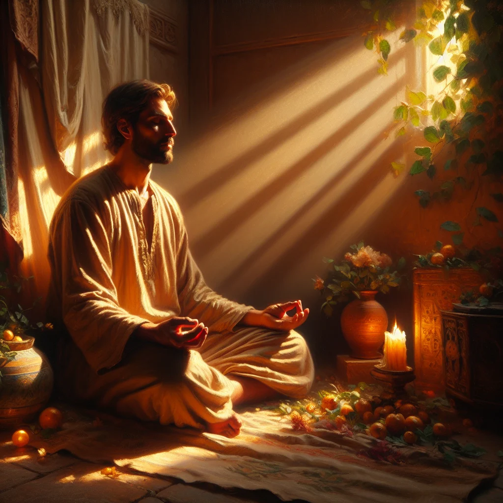 person-sitting-peacefully-in-meditation-pose Beginner practicing simple guided meditation in a comfortable seated position at home