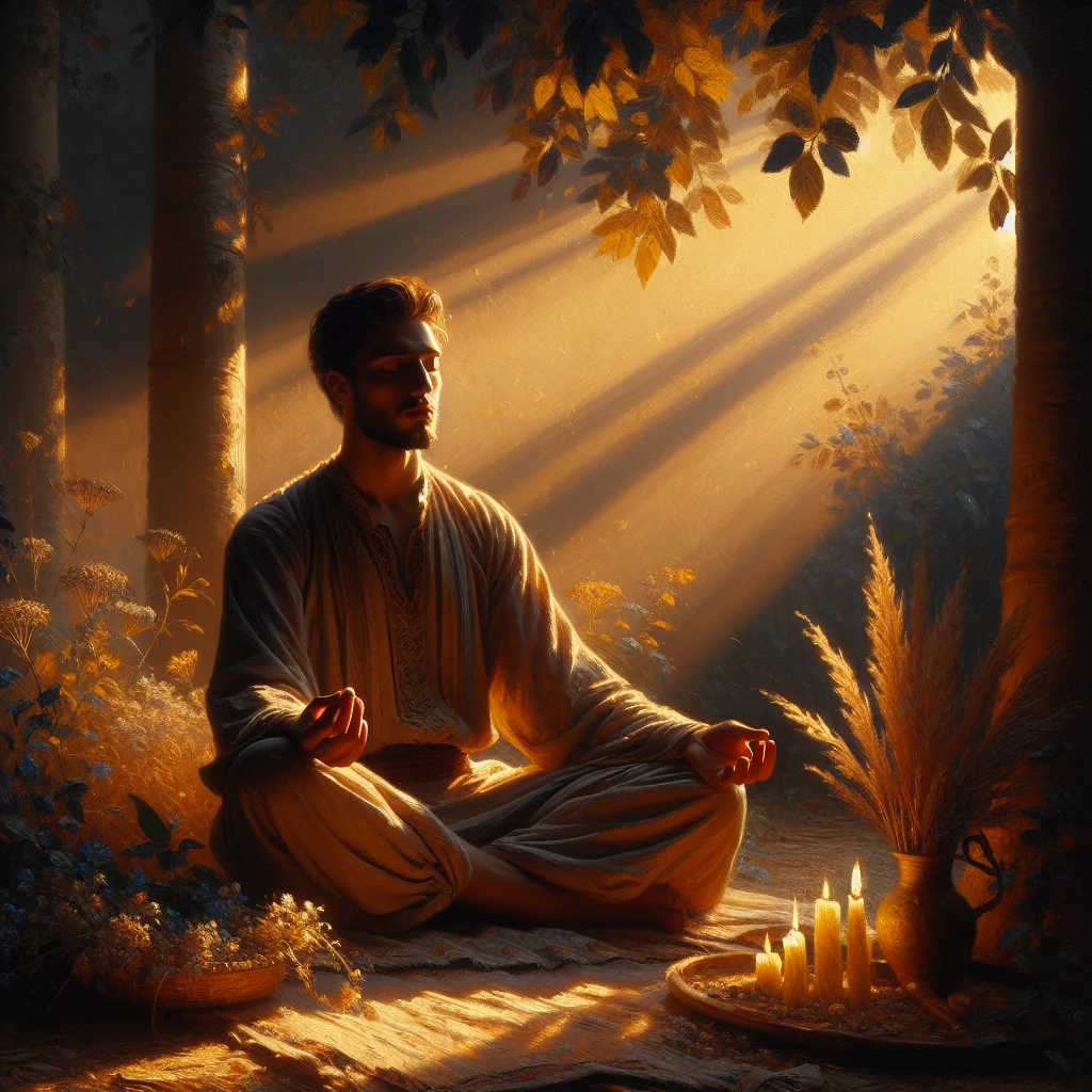 Person practicing mindfulness meditation outdoors in a natural setting