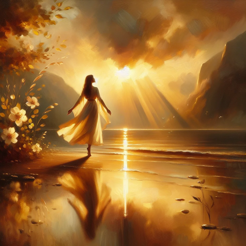 person maintaining emotional balance while standing peacefully by a calm lake at sunset