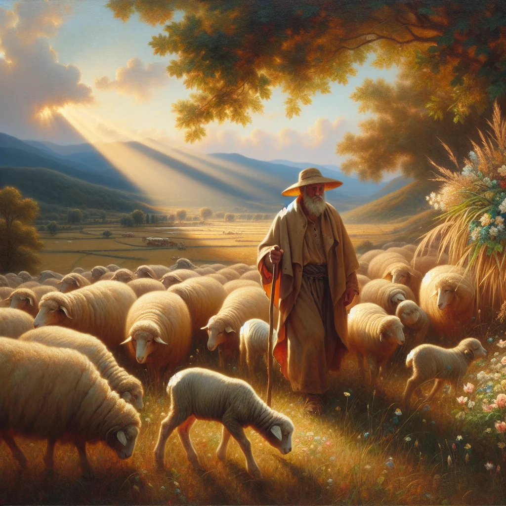 Elderly Sardinian shepherd walking with flock through rolling hills exemplifying slow living in Sardinia's countryside