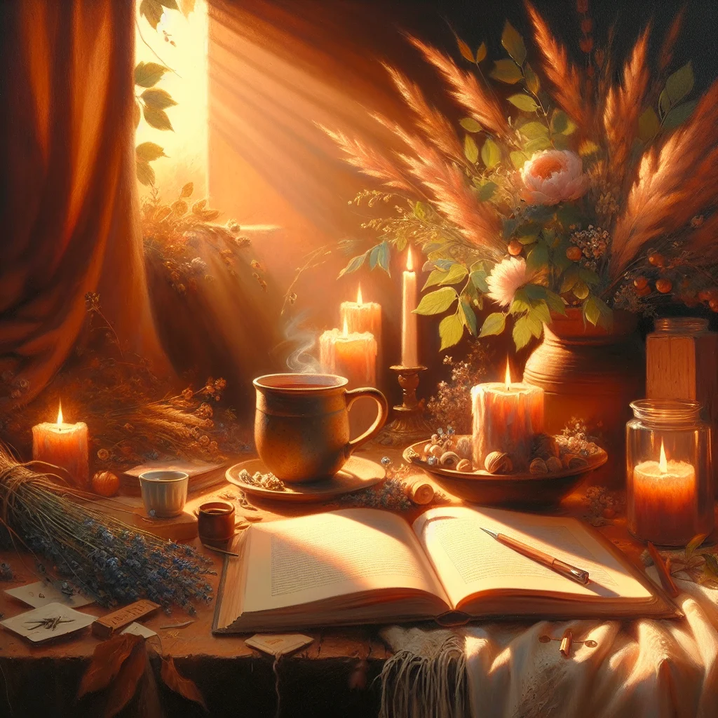 Peaceful evening self care setup with journal, tea, candles and comfortable blankets for self love practice