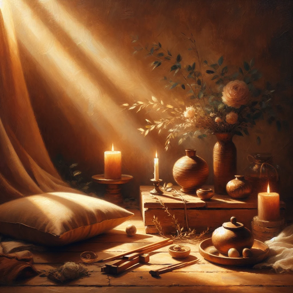 Tranquil meditation space set up for best morning guided meditation practice with cushion and natural elements