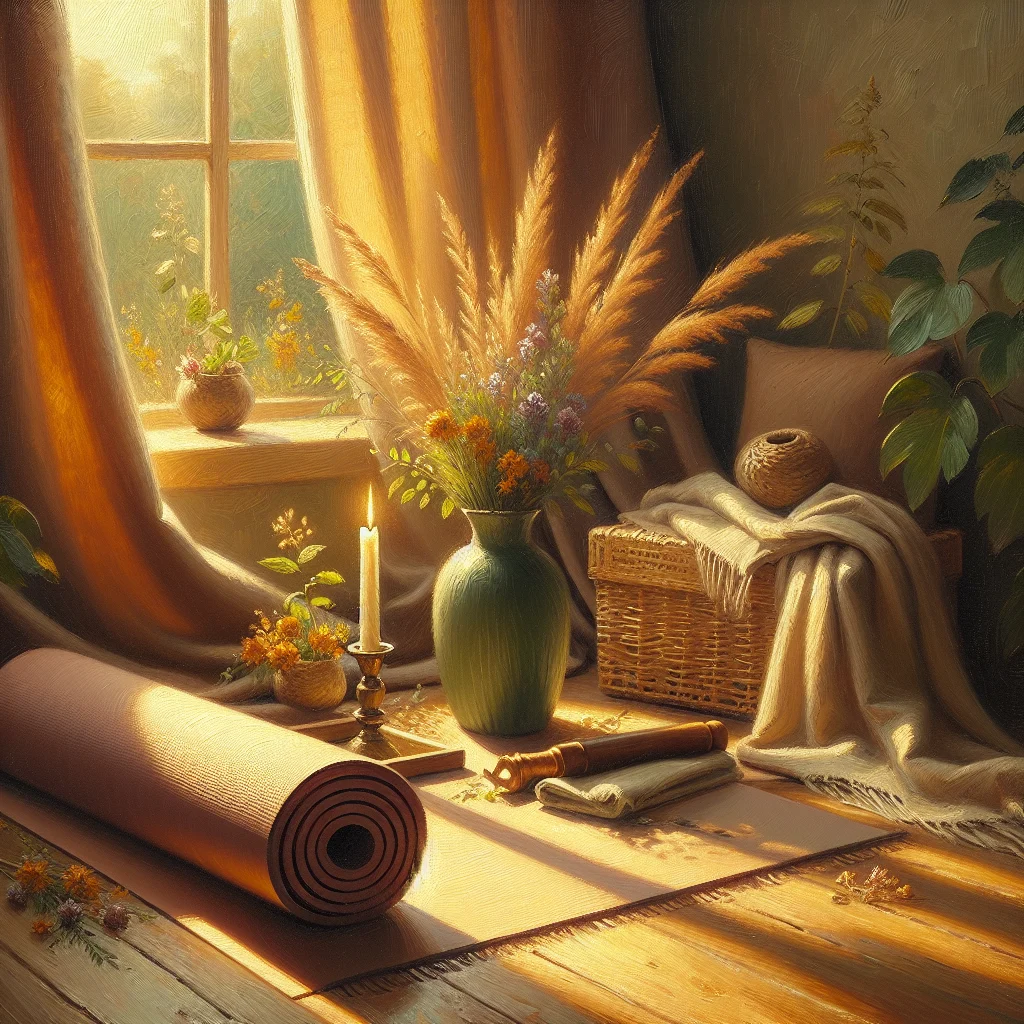 Peaceful home yoga space with mat, cushions, and calming elements designed for stress relief practice