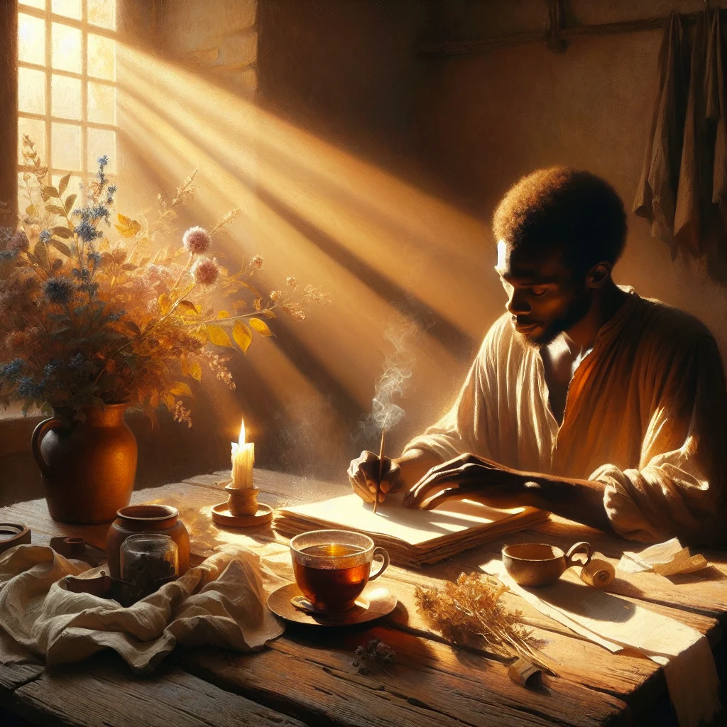 Person practicing slow living principles with journal and morning tea ritual