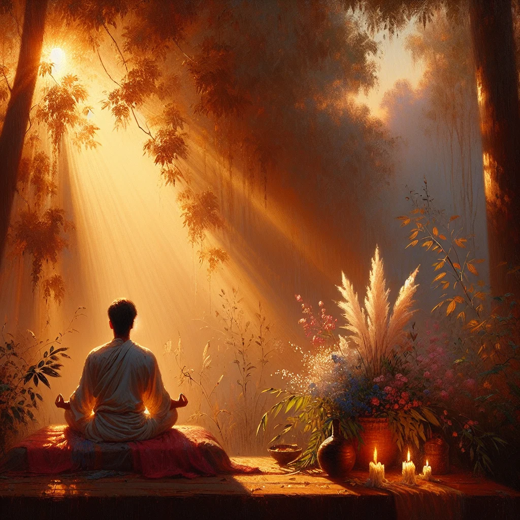 Slow living mindful lifestyle showing person practicing meditation in a serene natural environment