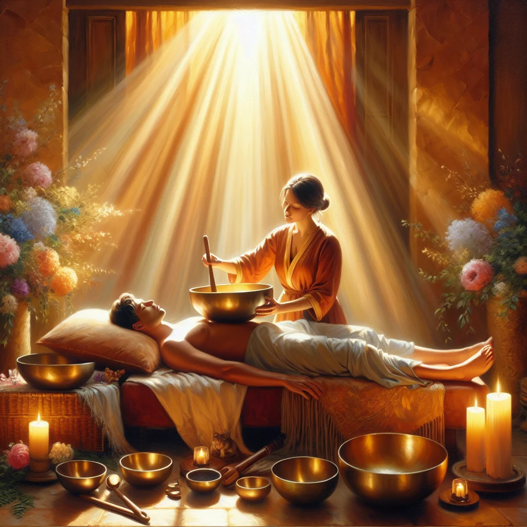 Sound healing practitioner placing crystal singing bowls around a client lying on a treatment table