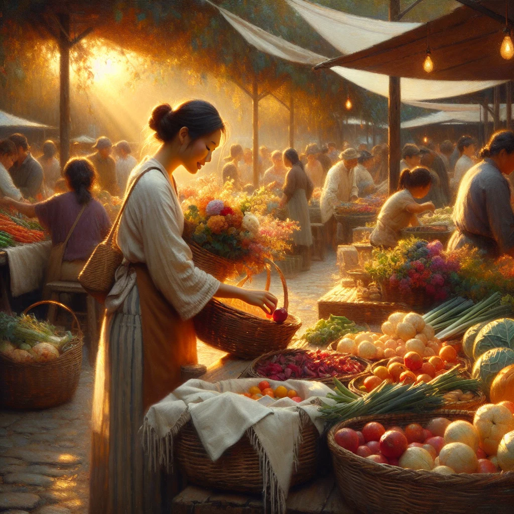 sustainable-living-local-market-shopping Person shopping at a local farmers market representing slow living and sustainable consumption