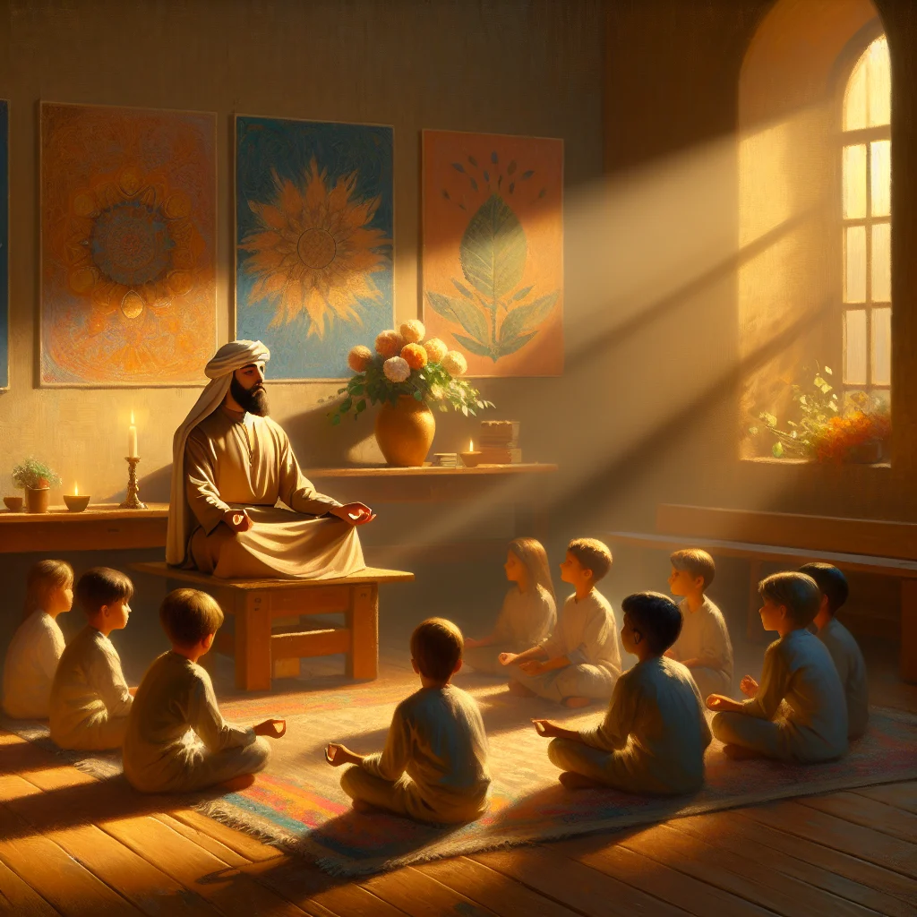 Female teacher sitting on floor leading a social emotional learning mindfulness session with elementary school students in a calm, organized classroom