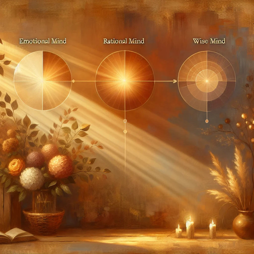 Diagram showing emotional rational wise mind concept with three intersecting circles representing different mental states