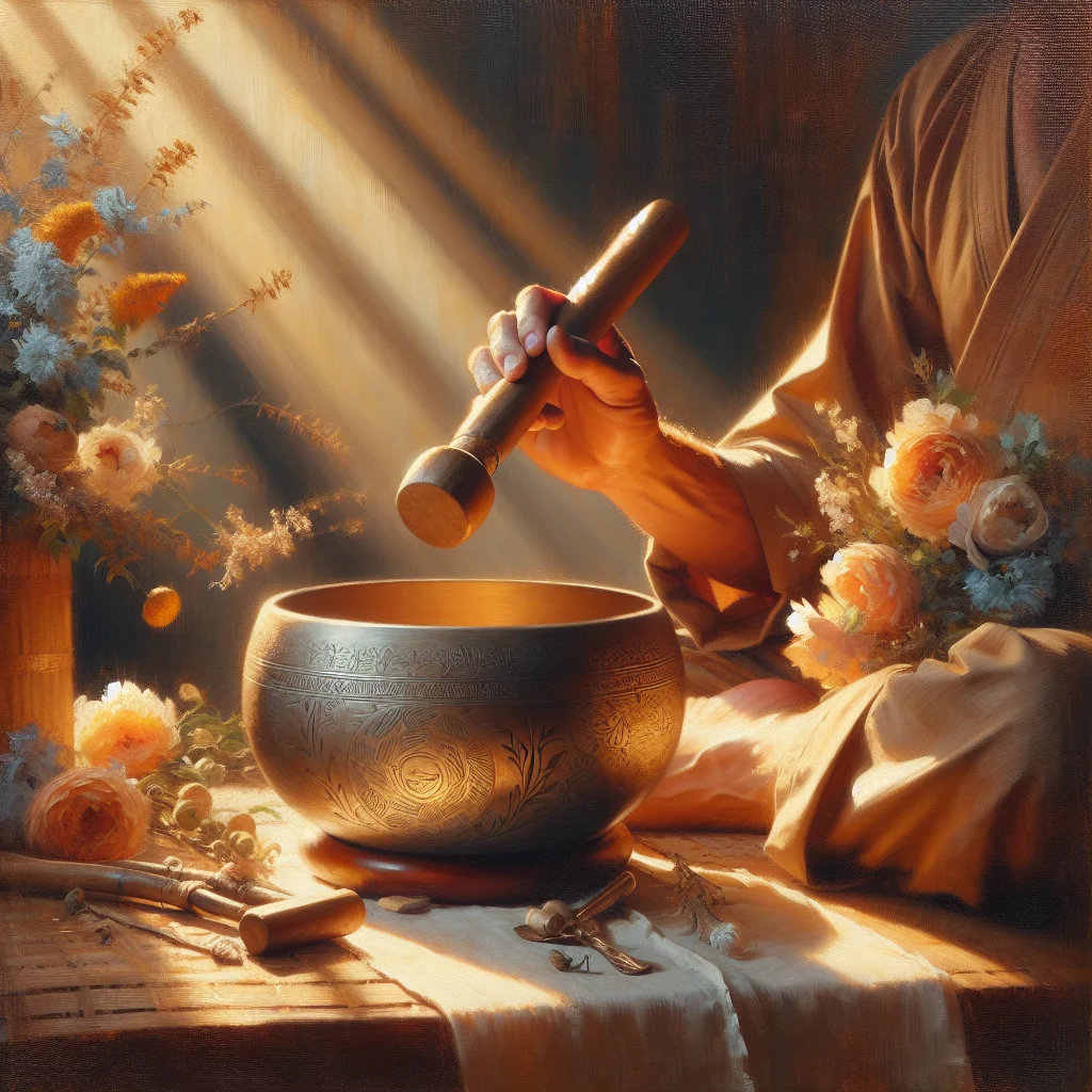 Collection of Tibetan singing bowls in various sizes arranged on meditation cushions with soft lighting