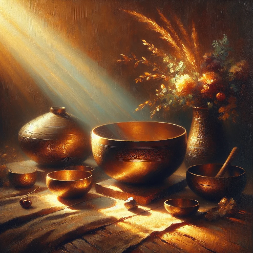Collection of traditional Tibetan meditation bowls arranged for a sound healing session