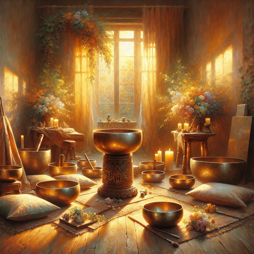 Tibetan singing bowls arranged in a circle with meditation cushions for sound healing practice