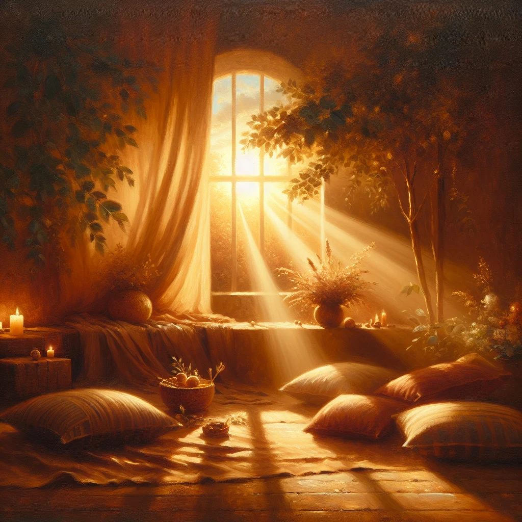 Peaceful evening setting with soft lighting, creating the perfect atmosphere for a mindful moment before bed
