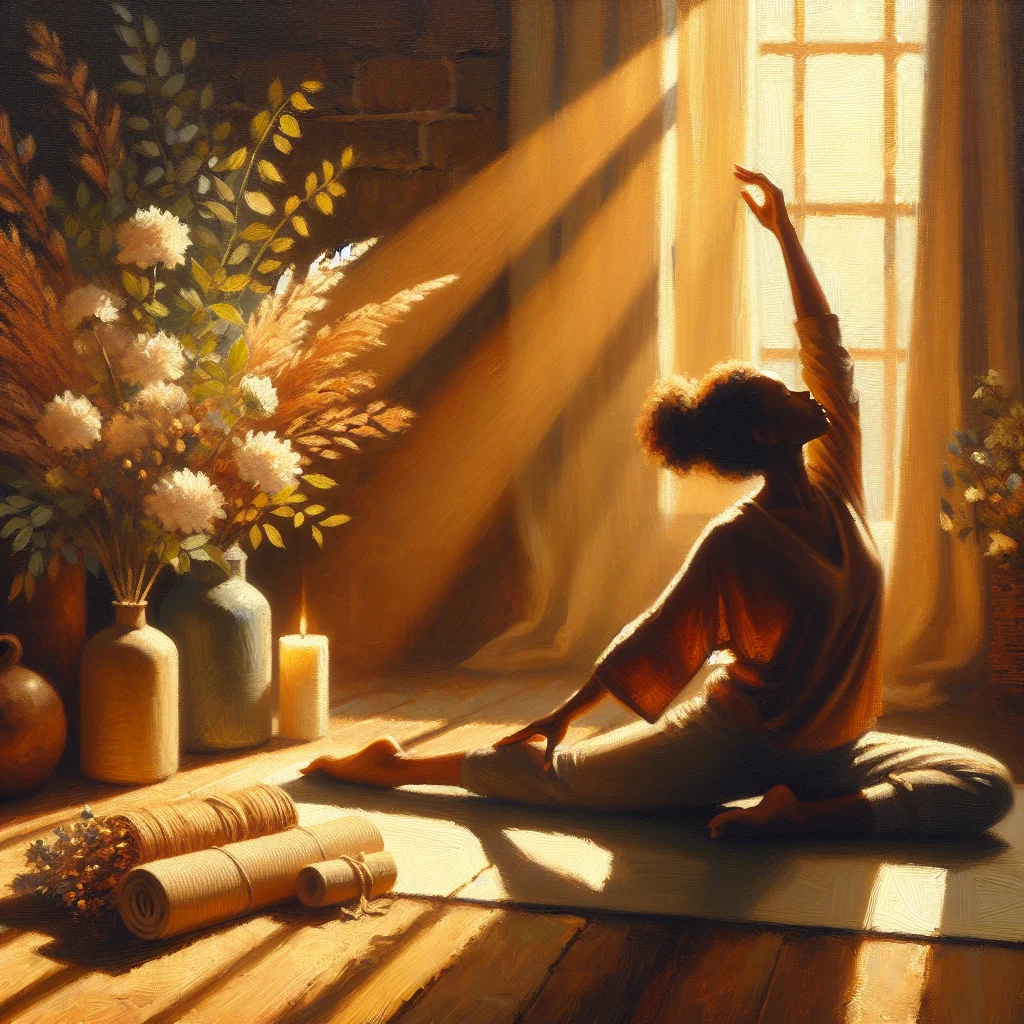 Woman practicing gentle yoga poses for stress relief in a peaceful indoor setting with natural light