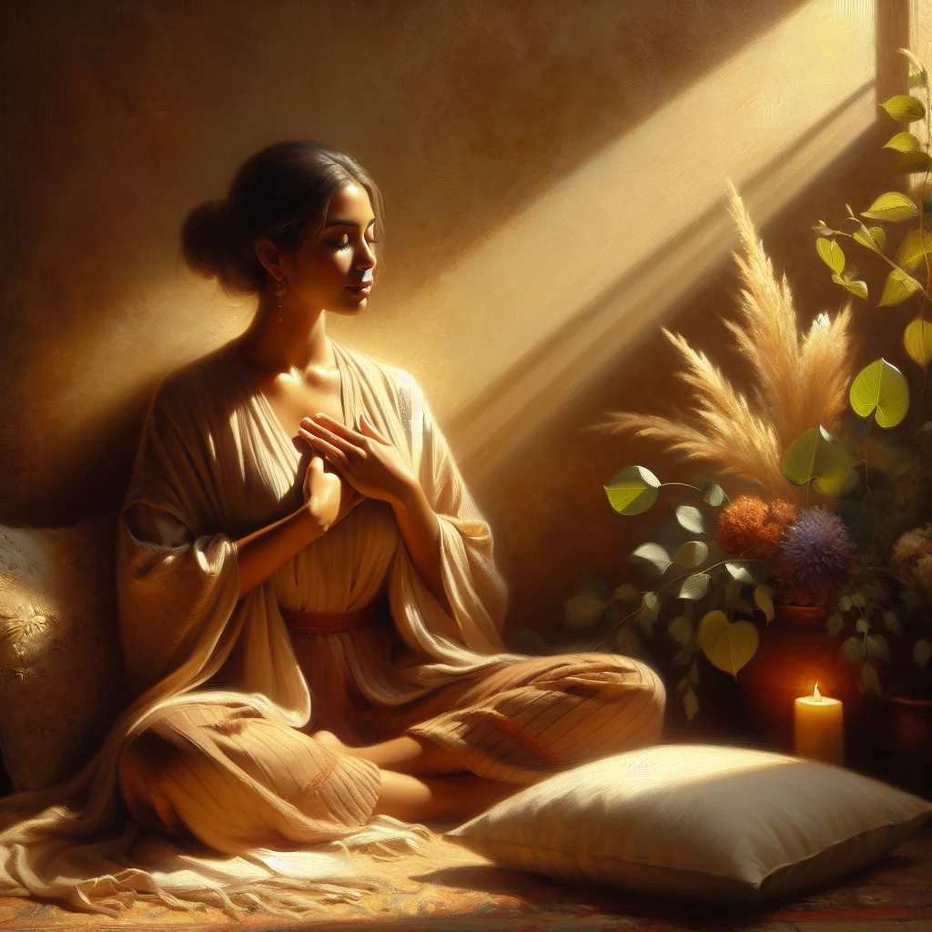 woman-practicing-self-compassion-during-emotional-healing Woman sitting peacefully with hands over heart in a gesture of self-compassion during emotional healing process, surrounded by calming elements