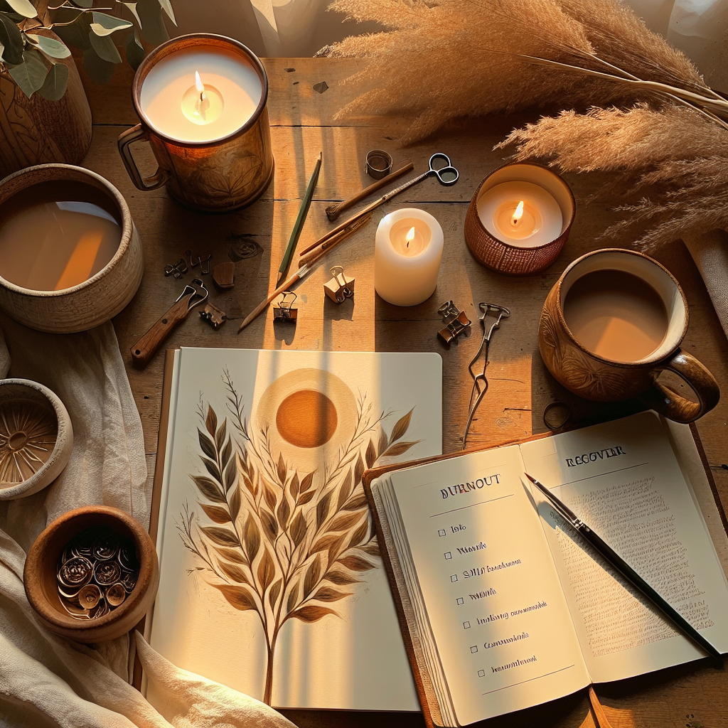 burnout-recovery-course-materials-journal Burnout recovery course materials including journal, wellness planner, and self-care resources arranged on a calm workspace
