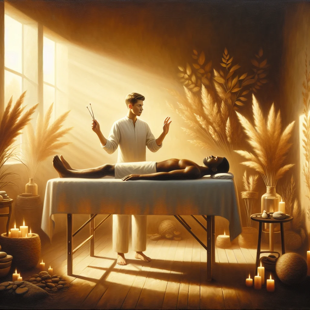 energy-healing-practitioner-working-with-client Energy healing practitioner performing hands-on healing session with a client lying peacefully on a treatment table