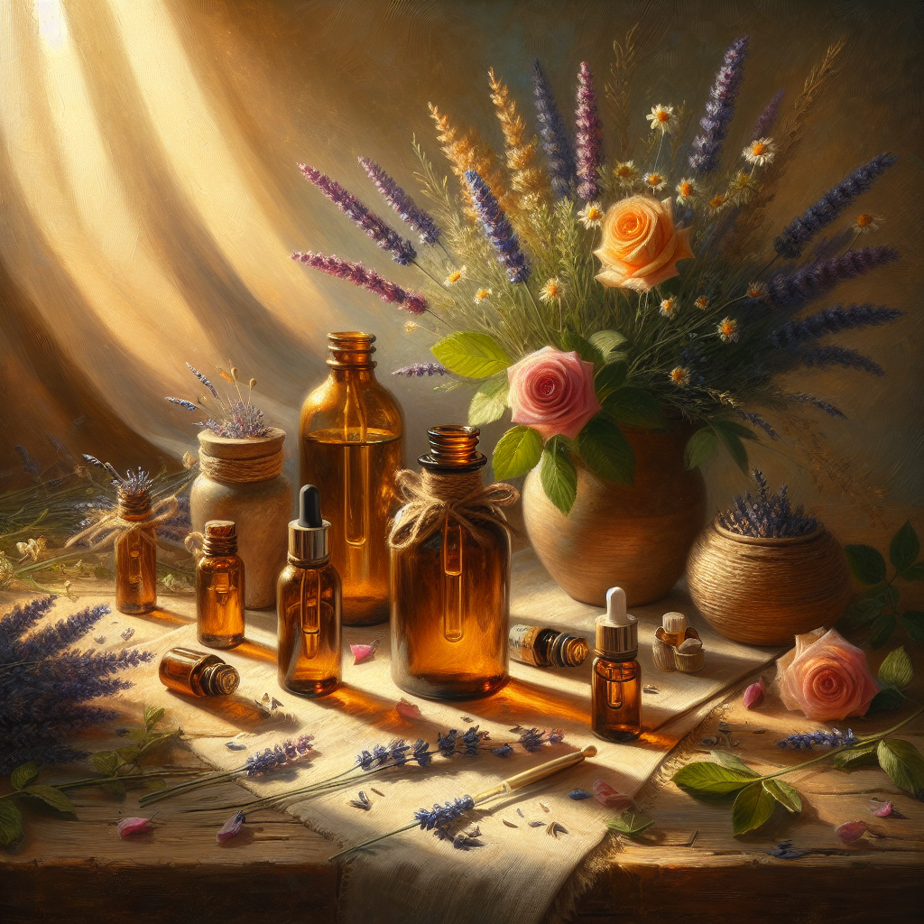 essential-oil-bottles-with-healing-plants Collection of essential oils for emotional healing displayed with fresh lavender, chamomile, and rose petals