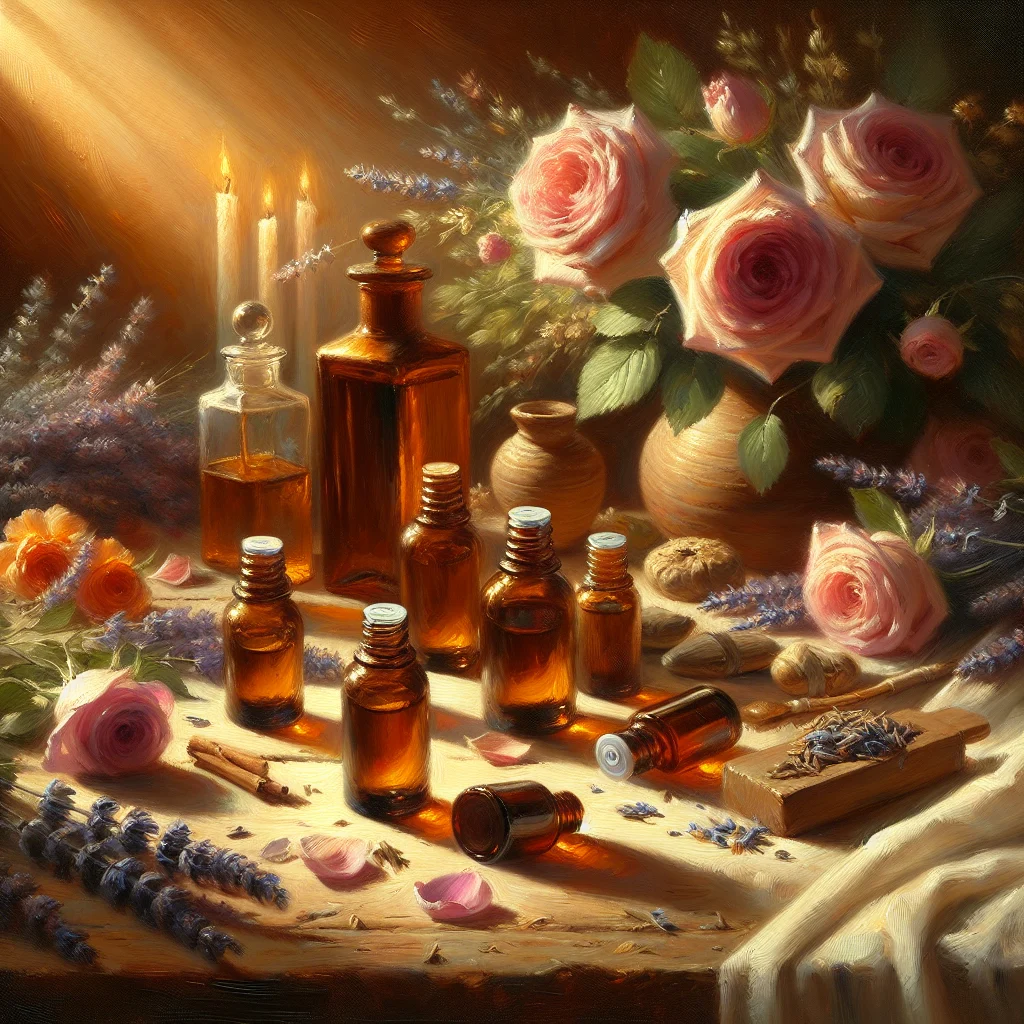 Collection of essential oil bottles with fresh herbs and flowers for emotional healing