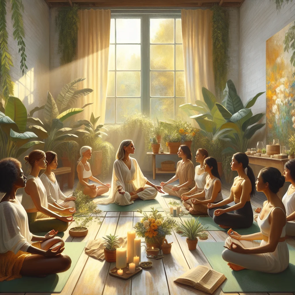 group-of-women-mbsr-meditation-class-menopause Diverse group of middle-aged women participating in MBSR program session focused on menopause wellness