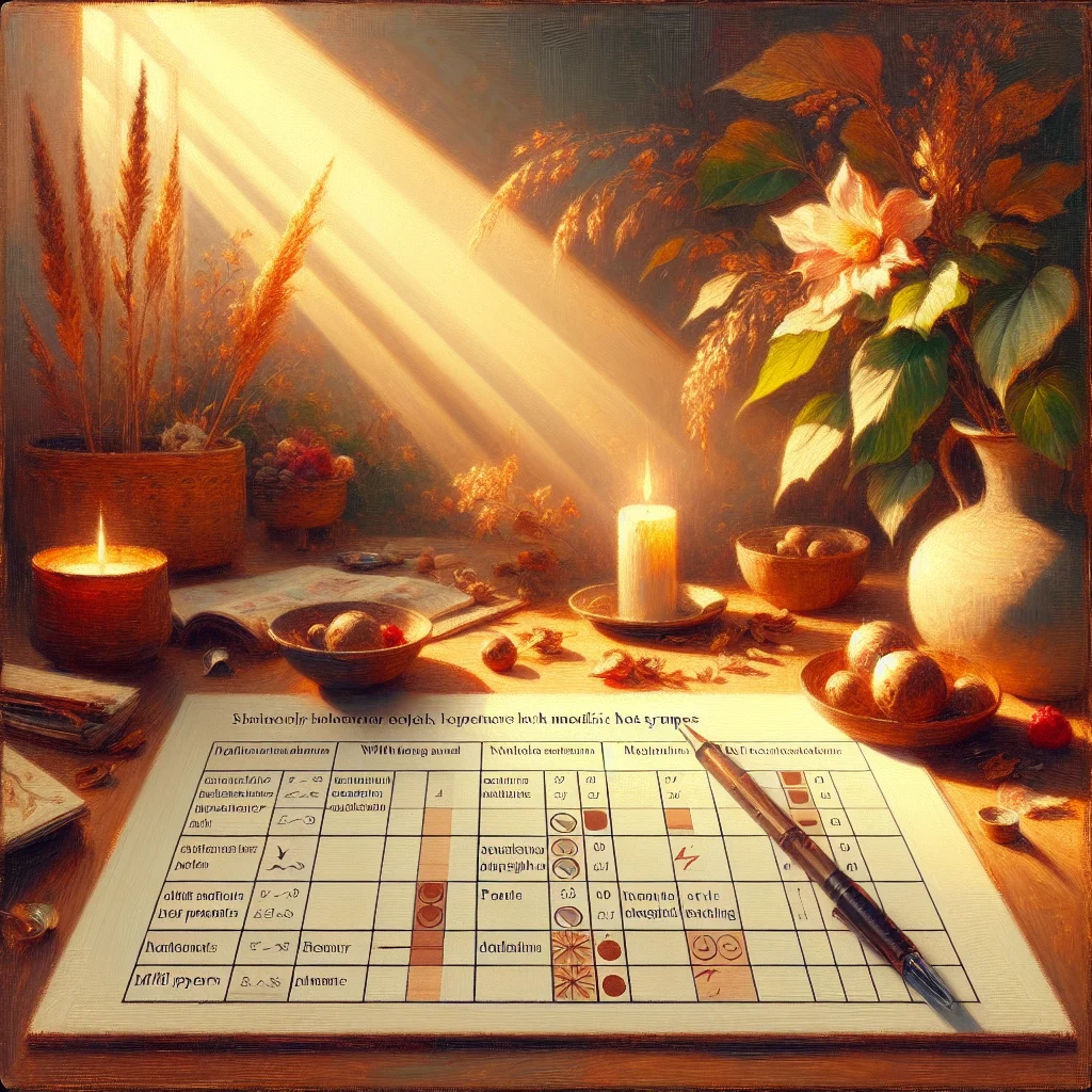 Detailed hot flash tracking chart showing correlation with daily meditation practice schedule