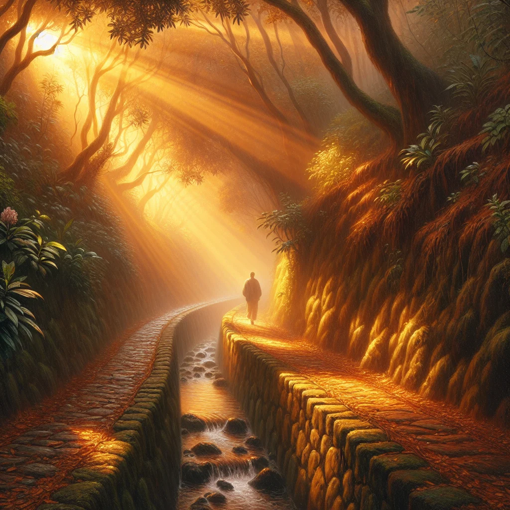 madeira-levada-walk-slow-living-path Person walking along peaceful levada irrigation channel in Funchal representing slow living lifestyle in Madeira