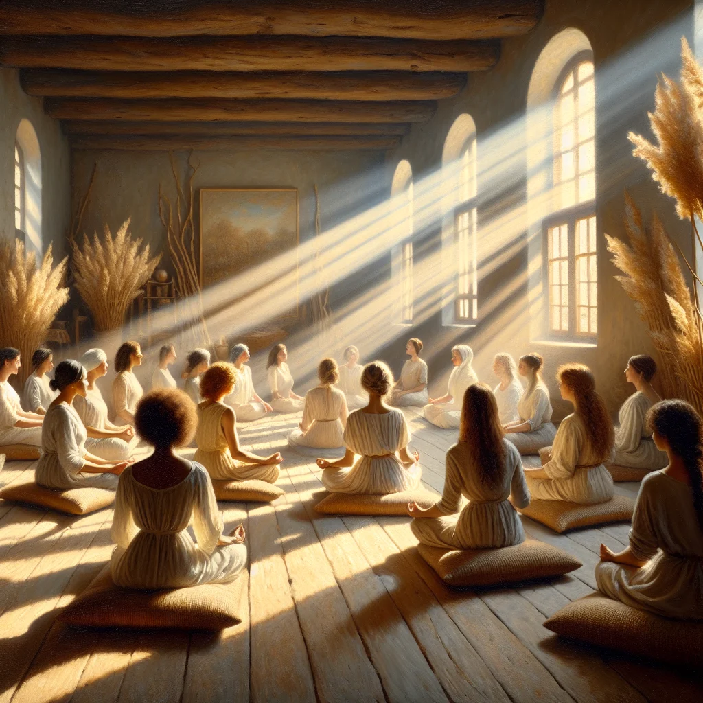 Group of women over 45 practicing meditation together in a serene retreat setting surrounded by nature