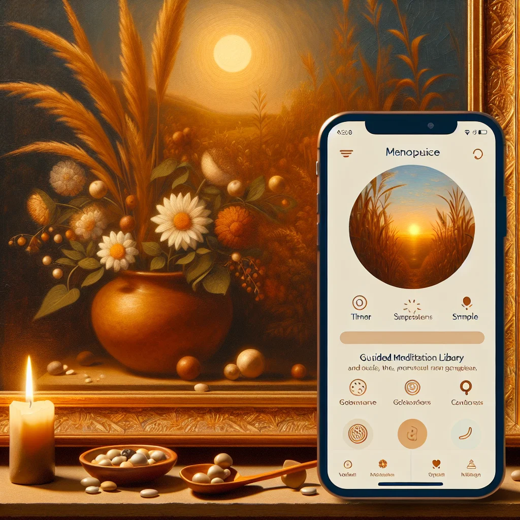 meditation-app-interface-menopause-features Smartphone screen showing meditation app interface with menopause-specific meditation programs and tracking features