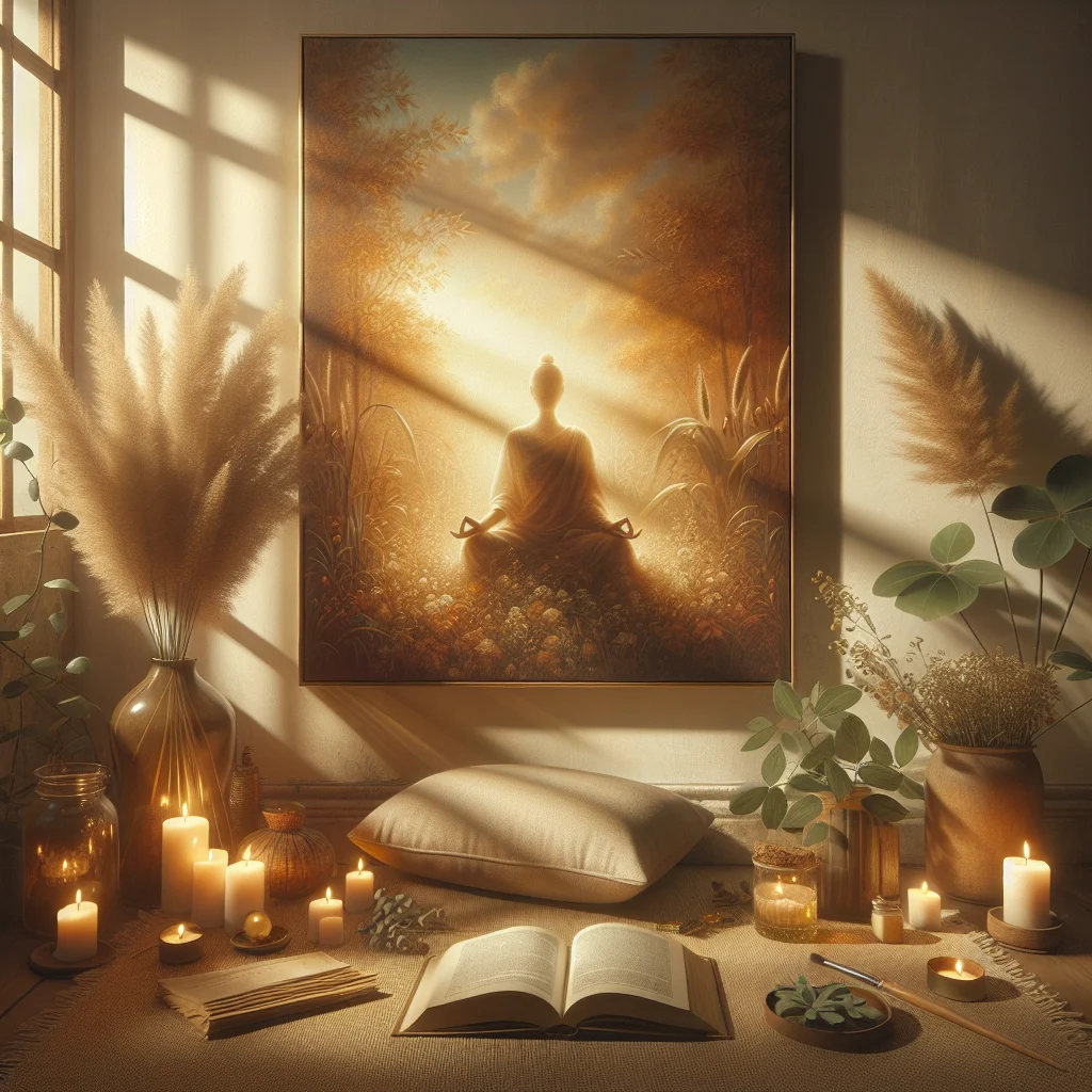 Meditation practice setup showing a cushion, meditation handbook, and peaceful environment