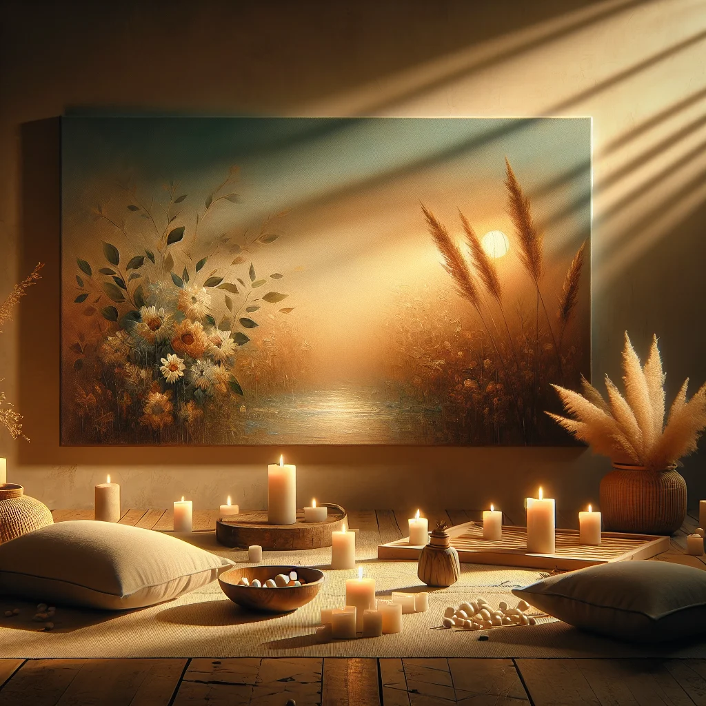 meditation-space-cushions-candles-peaceful-atmosphere Serene meditation space setup for guided meditation awakening practice with cushions and soft ambient lighting
