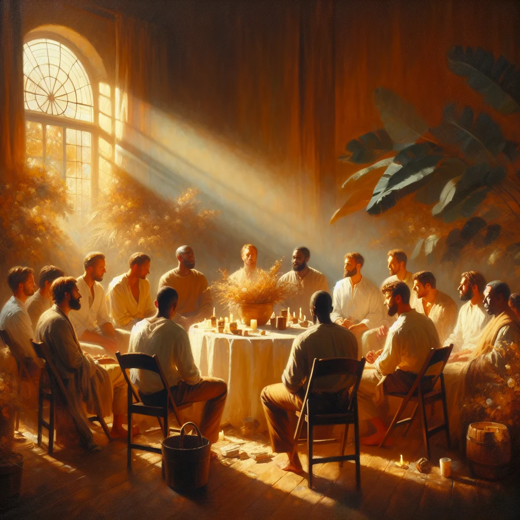 Men participating in supportive group therapy session focused on emotional healing and sharing experiences