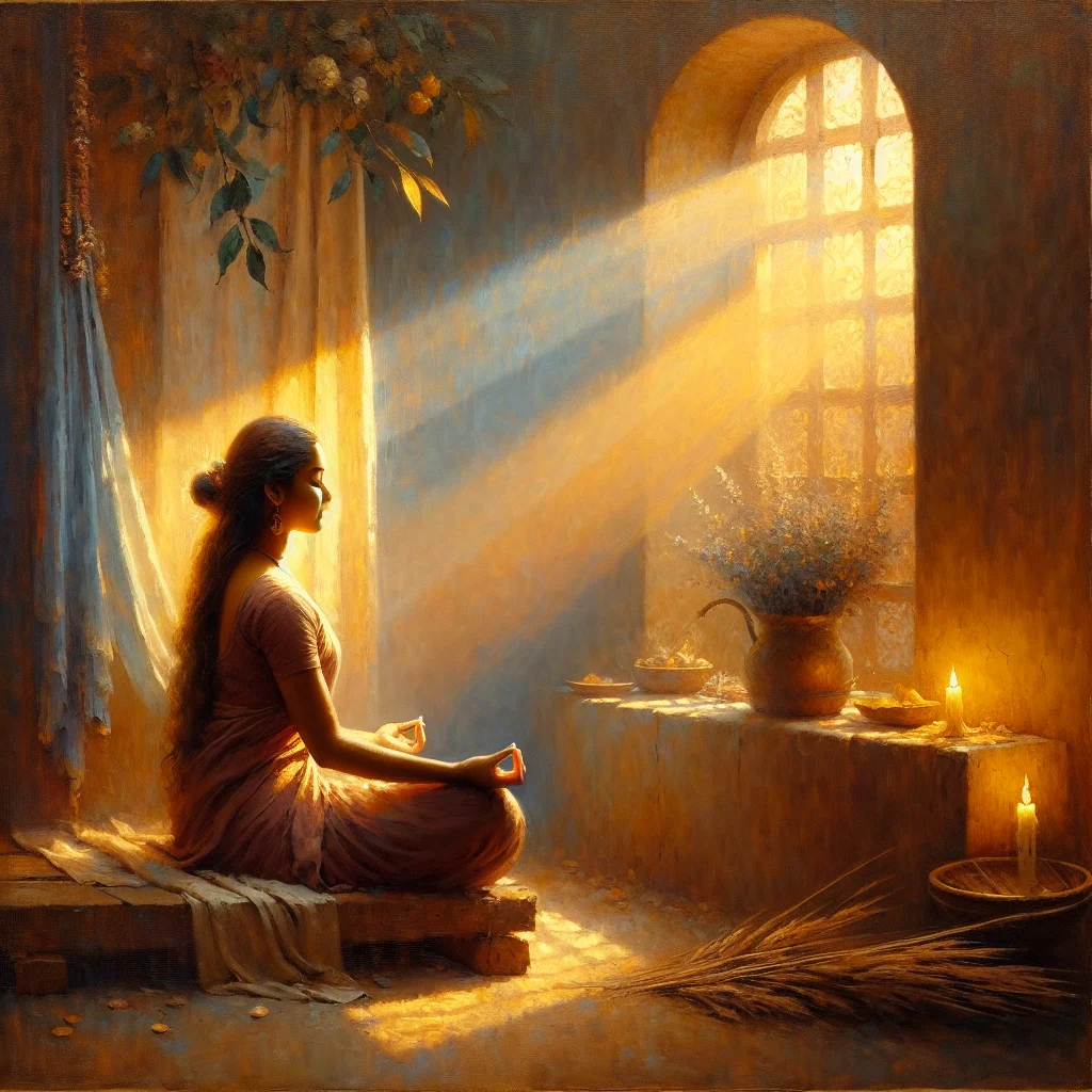 Menopausal woman practicing thermoregulation meditation with cooling visualization technique