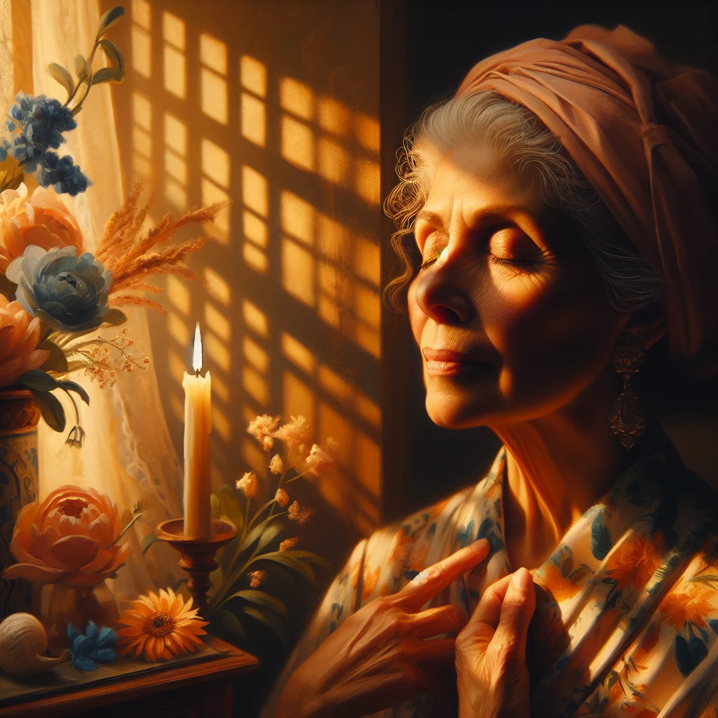 menopausal-woman-using-sitali-breath Peaceful menopausal woman demonstrating sitali pranayama breathing technique for hot flash relief