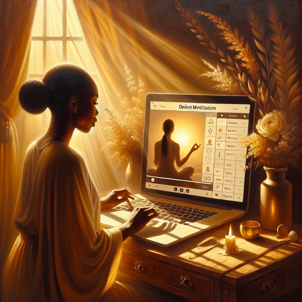 Computer screen showing an online meditation class specifically designed for menopause symptom management