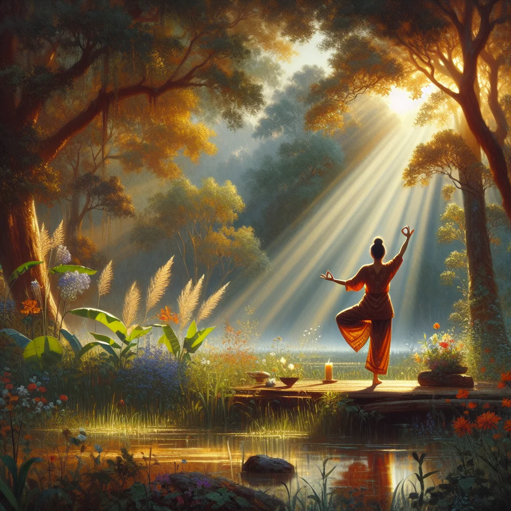 Woman doing outdoor yoga in nature as part of menopause anxiety management routine