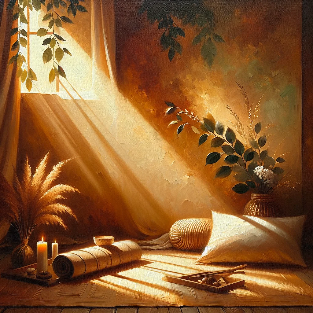 peaceful-bedroom-yoga-nidra-setup Serene yoga nidra practice space with mat, cushions, and blanket arranged for perimenopause relaxation session