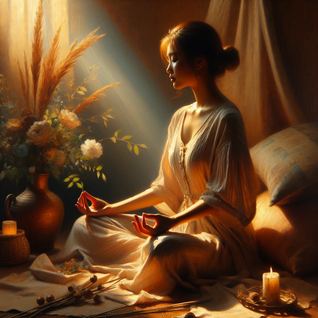 Serene woman meditating for hot flash relief in a quiet, comfortable setting