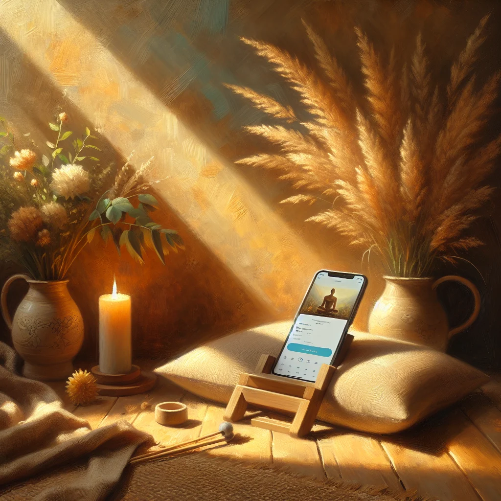 Calm meditation space with smartphone displaying YouTube meditation video and comfortable cushion