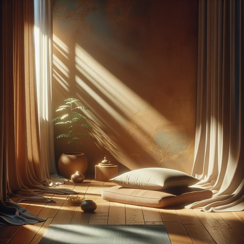 A serene meditation space with cushions, soft lighting, and minimal distractions where someone can take a meditation session comfortably