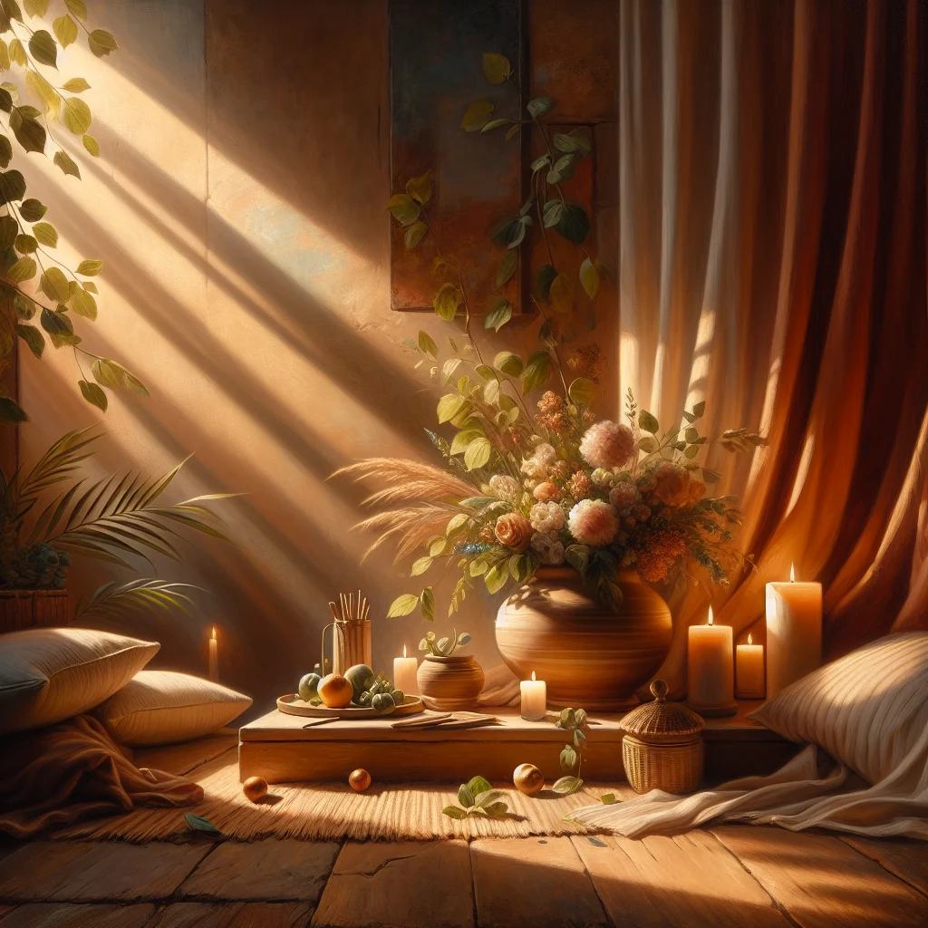 Serene meditation corner with cushions and calming elements for menopause anxiety relief