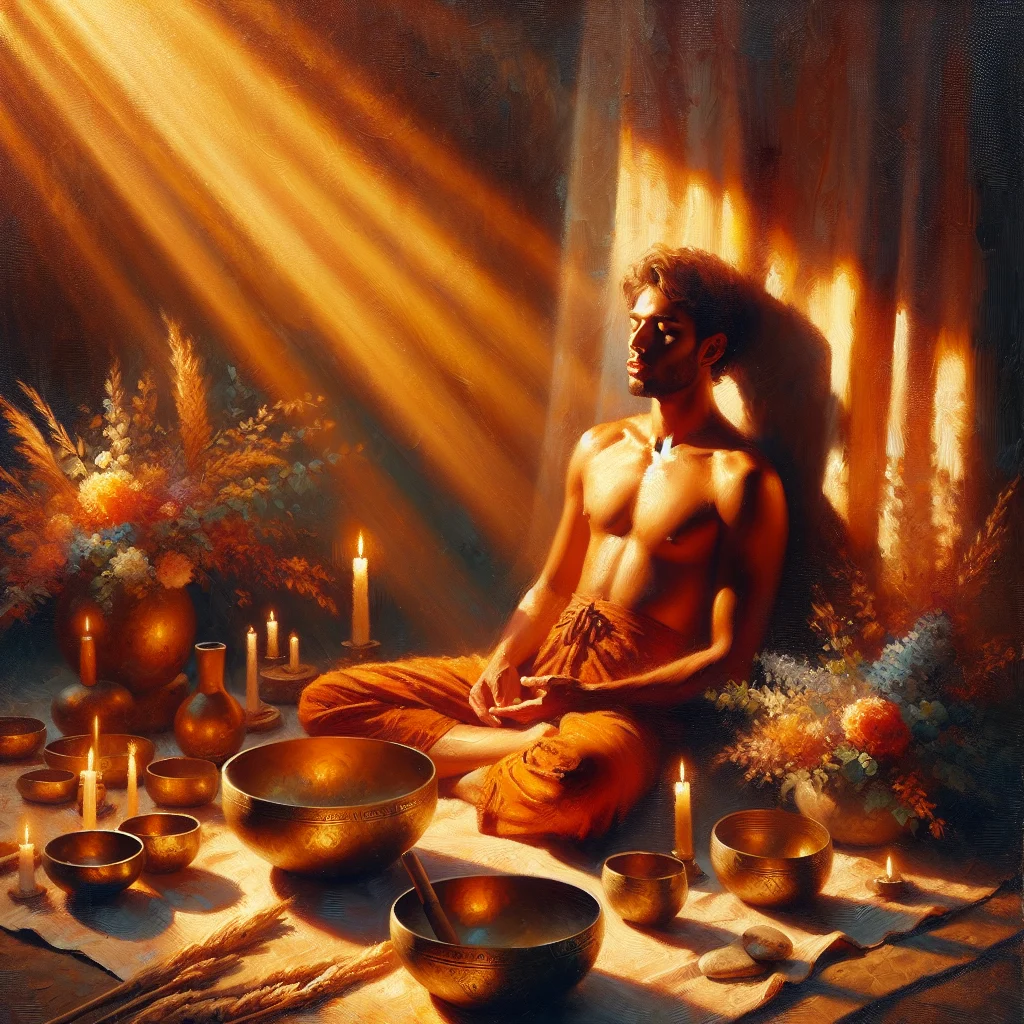 Peaceful person lying down during a healing through sound session with instruments surrounding them