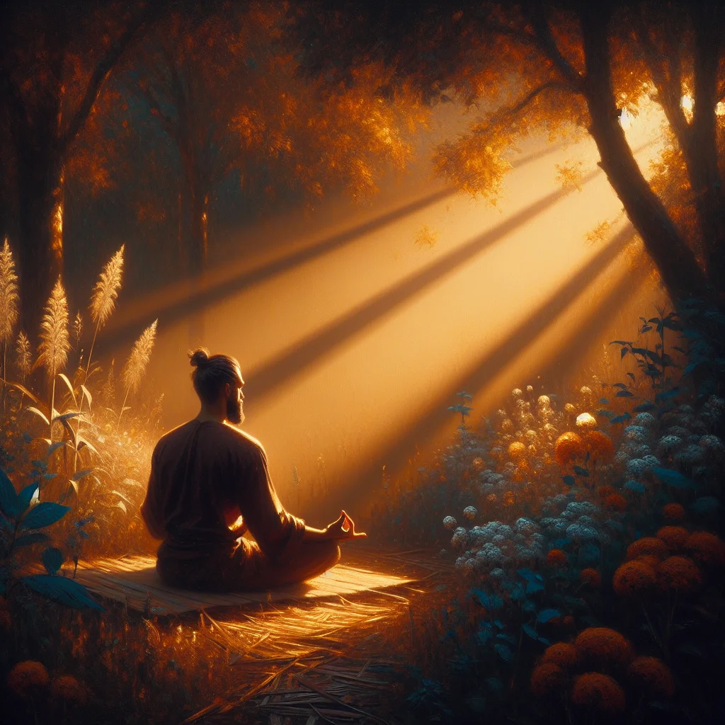 Person sitting peacefully while taking a meditation session outdoors surrounded by natural elements like trees and open sky