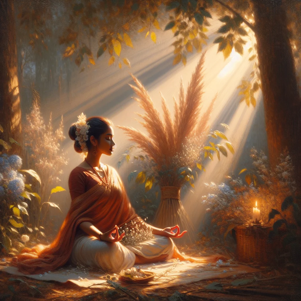 person-meditating-peaceful-natural-setting Person practicing guided meditation awakening in a serene natural environment with soft morning light
