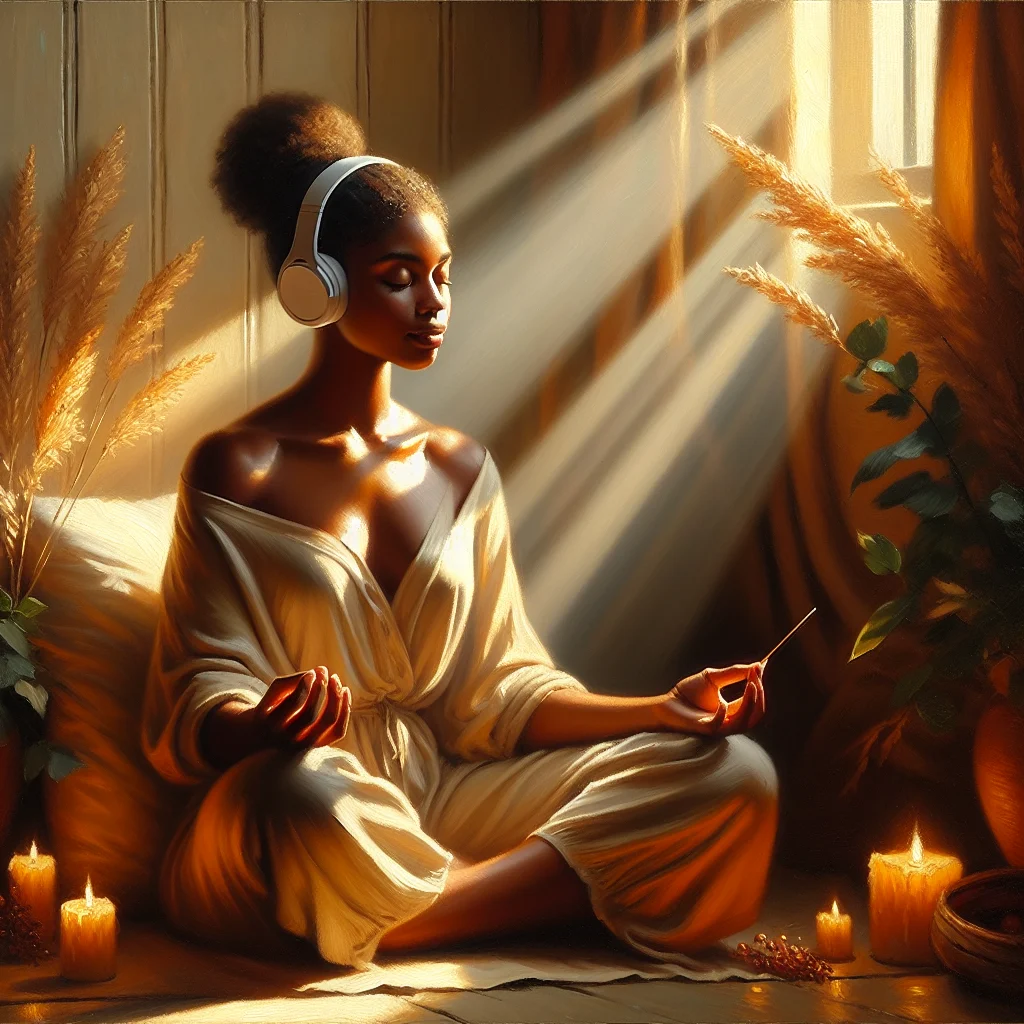 5 minutes meditation YouTube session showing person sitting cross-legged with headphones in serene environment